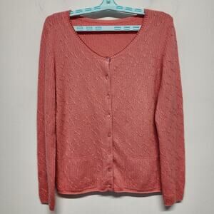 Belford Womens Cable Knit Cardigan Sweater M/L Coral Silk Cashmere Round Neck